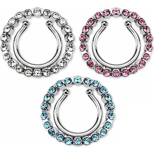 1 Pair Crystal Gem Circle Non-Piercing Nipple Shield - 8mm Hole Fake Body Jewelry Shield Cover Clamps Adult Sex Toy Piercing