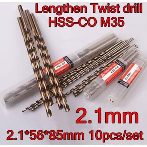 2.1*56*85mm 10pcs/set HSS CO5% M35 Containing cobalt longer twist drill Processing stainless steel and steel