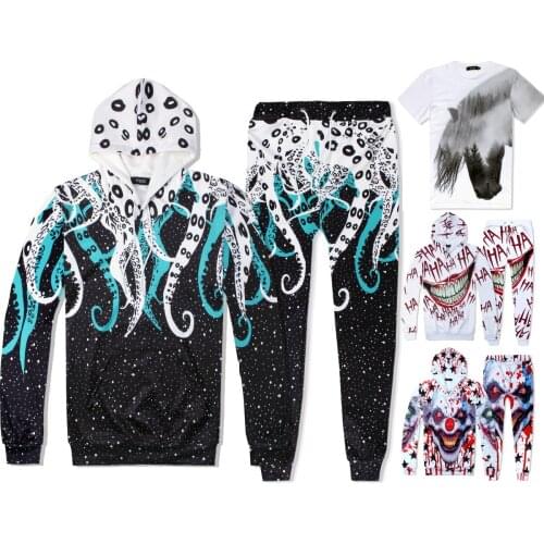 2021 Mens Womens Sports Jogging 3D Octopus Haha Laugh Red Nose Joker Hip-hop Running Hooded Sweatshirts Sweatpants Tracksuit Set