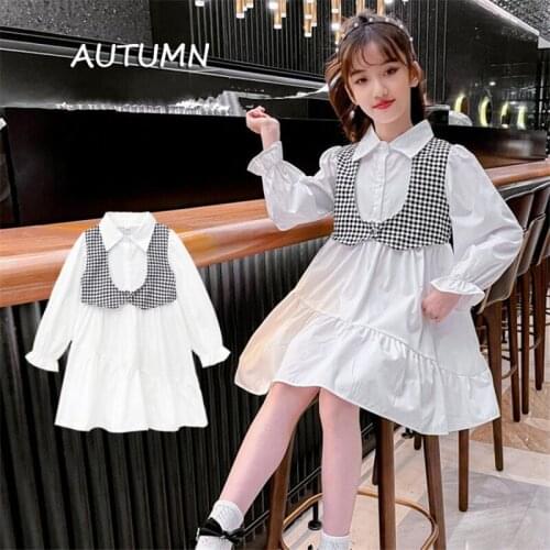 Girls Blouse Designs Long Sleeve Plaid Dress Princess Shirt Collar White Cotton Kids Dresses for Teenager Girls 4-14 Years Old