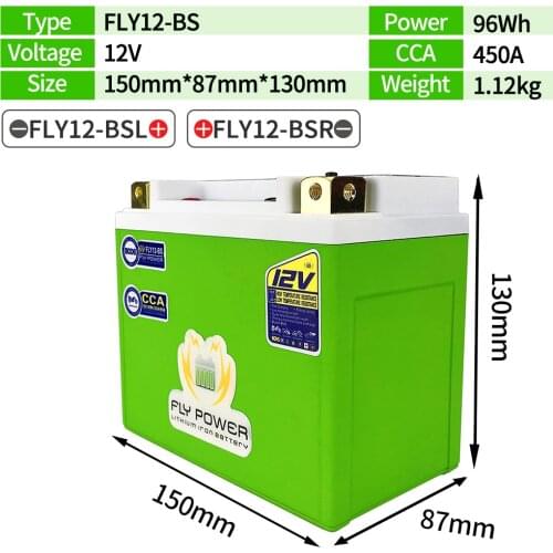 FLY12-BS Motorcycle 12V LiFePO4 Start Battery 96Wh CCA 450A Lithium iron Lightweight Scooter Batteries 12V For ATV UTV YTX12-BS