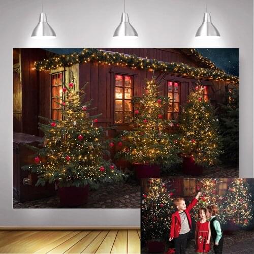 Photography Background Christmas Wooden-House Photocall Christmas Trees Backdrop Winter Street Children Portrait Photo Shoot