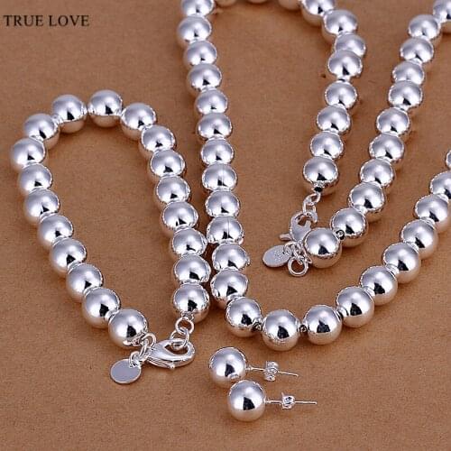 Hot 10MM prayer beads Silver color jewelry sets necklace bracelet earrings for woman beautiful street style Top quality