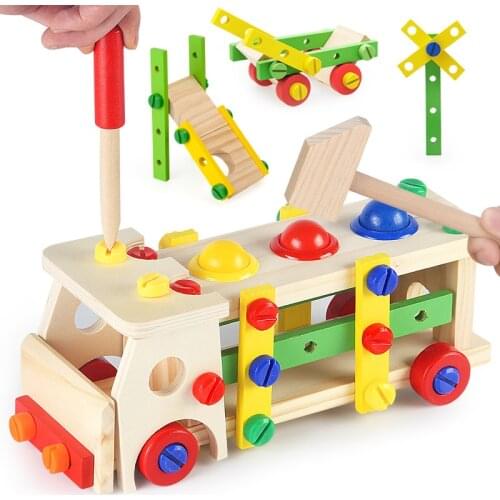 New Kids Wooden Screwing Blocks Game Assembly Disassembly Engineering Car Puzzle Toy Baby Educational Toys for Children Boys