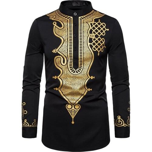Mens Stylish African Bronzed Printed Shirt Printed Totem Long Shirt African Wind Shirt