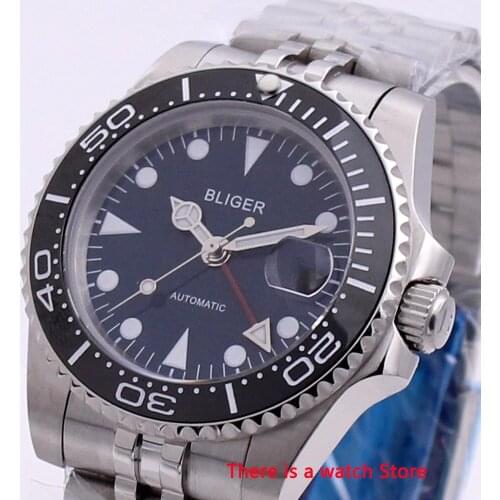 Bliger 40mm Automatic Mechanical Men Watch Sterile Dial Sapphire Crystal GMT Watch Luminous Waterproof Calendar Wristwatch Men