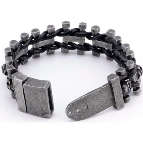 Vintage Retro Rivet Punk Cool Hip Hop Accessorie Leather stainless steel Skull Skeleton Biker Bracelet Mens Jewelry