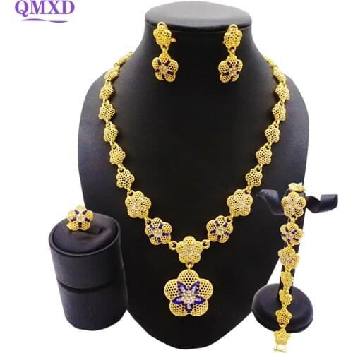 Gold Jewellery Set Dubai African Bridal Gifts Wedding Ornament Flowers Shape Jewelry Sets For Women 24K Gold Necklace Set 2021