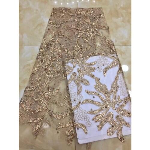 Nigerian Lace Fabric 2018 High Quality Lace Golden French Stones Net Lace Fabric/High Quality African Beaded And Sequins Tulle