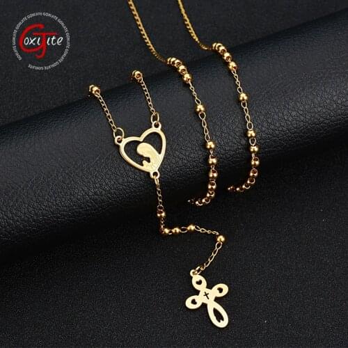 Goxijite Hot Sale Stainless Steel Hollow Cross Necklace For Women Virgin Mary Heart Amulet Necklaces Jewelry Blessing Gift