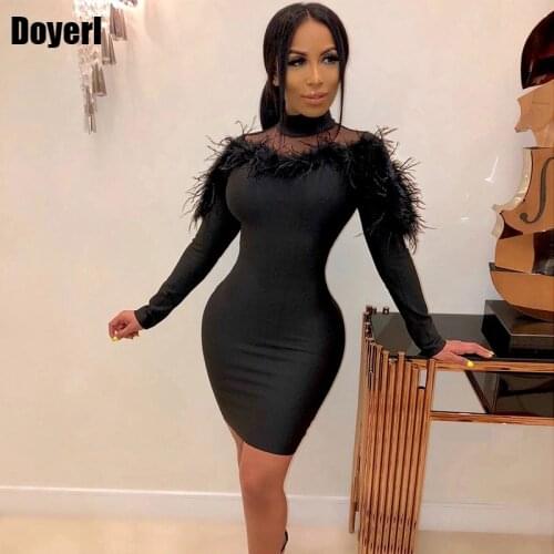 Sexy Party Bodycon Dress Women Long Sleeve Slim Feather Mesh Patchwork Mini Club Dress Black Sheath Elegant Short Festival Dress