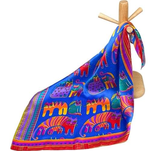 Pure Silk Scarf Women Bandana Handkerchief Cat Print Female Hair Scarf Womens Natural Silk Square Headband Top Head Neck Scarf