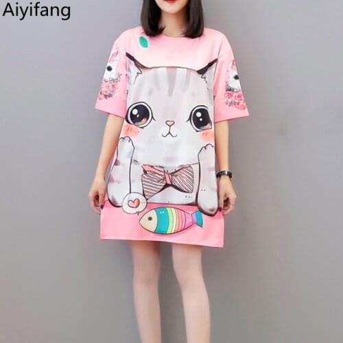 Streetwear Summer Womens Pink T shirt Oversized Tops Sweet Girls Vintage Cartoon Print Short-Sleeved Loose T-shirt Long Tees