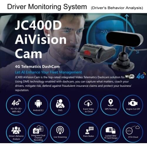 JC400D 4G Smart AIVision Dashcam with Driver Monitoring System Drivers Behavior Analysis from 1080P Live Video & SOS Alarm