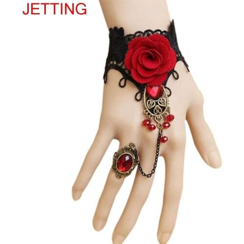 Women Vintage Black Lace Bracelets Red Rose Metal Bracelets Gothic Style Handmade Lace Bracelets With Finger Circle