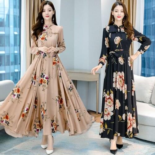 Woman Summer Dress with Belt 2021 New Casual Floral Print Beach Dress Elegant Long Sleeve A Line Sash Party Retro Max Dress H62
