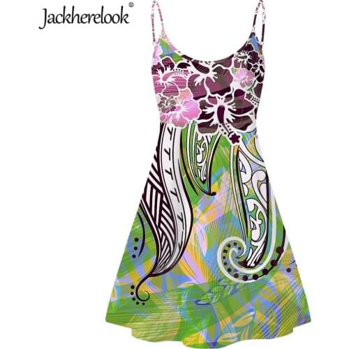 Jackherelook Sexy Spaghetti Strap Dress for Girls Polynesian Tribal Hibiscus Brand Design Womens Beach Vacation Floral Sundress