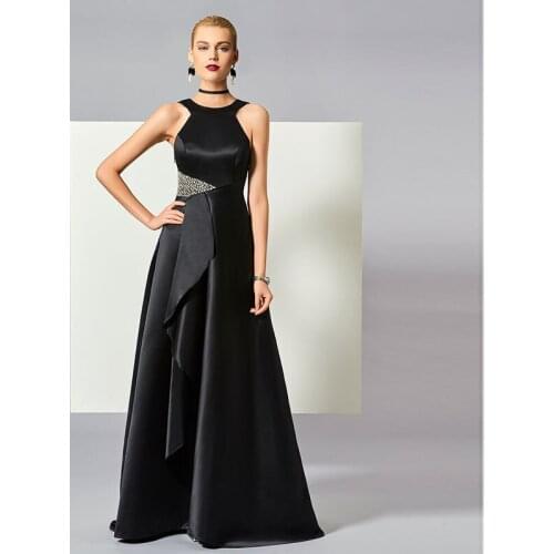 Tanpell Black Evening Dress Straps Backless Sleeveless Beading Runched Woman Party Gown Floor Length A Line Evening Dress