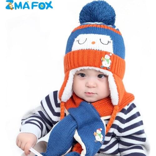 ZMAFOX toddlers winter beanie hat scarf suits with pom poms baby boys girls kids thicken warm knitted caps children neck warmer