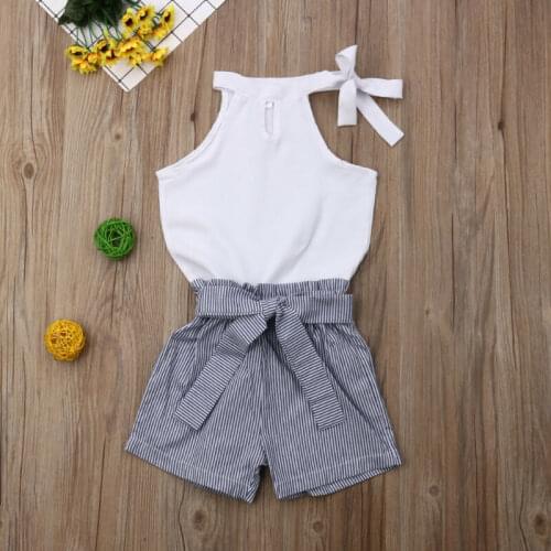 2021 Fashion Summer Girl Clothes Sets Toddler Kid Sleeveless Bandage T-shirt Tops Striped Shorts with Belt 2pcs Outfits for 2-7Y