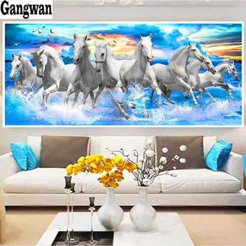 5D DIY diamond painting eight horses Diamond Embroidery Seaside scenery Full Drill Cross Stitch Mosaic Crafts Home Decor Gift