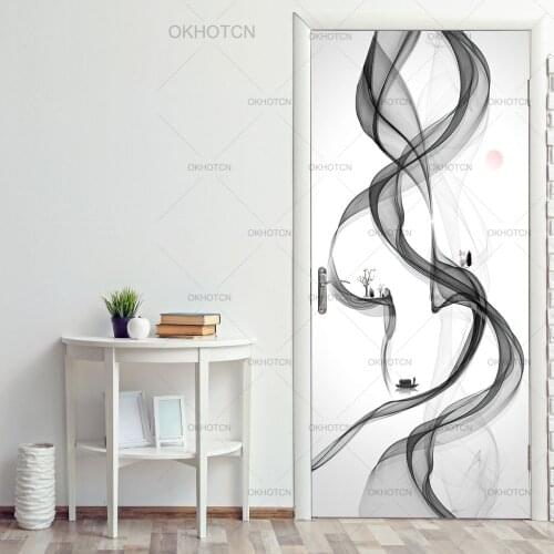 Black And White Abstract Art Door Stickers Graffiti Line Landscape Decor Wallpaper Self Adhesive Print Waterproof Decal Stickers