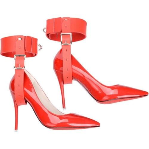 Locking Leather Ankle Belts Restraint Cuffs Fixed To High Heels Shoes Straps Harness Adult Toy Chastity
