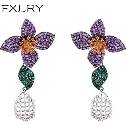 FXLRY Luxury Color Inlaid Zircon Flower Long Earrings For Women Wedding Fashion Jewelry