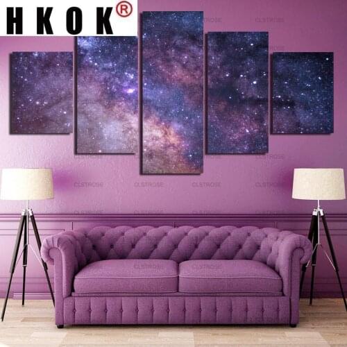 HKOK 5 Panels Wall Art Canvas Painting Purple Outer Space Scenery Poster For Bedroom Living Room HD Print Home Decoration