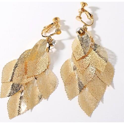 Fashion Exaggerated Long Tassel Hollow Leaves Dangle Earrings for Women Gold Silver Clip on Earrings Oorbellen Pendientes Mujer