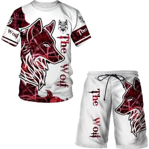 2021 Summer Men T-shirt Set 3d wolf Short Sleeve and Sport Pants 2 Pieces Fitness animal Casual Clothes Work Out Running Suit