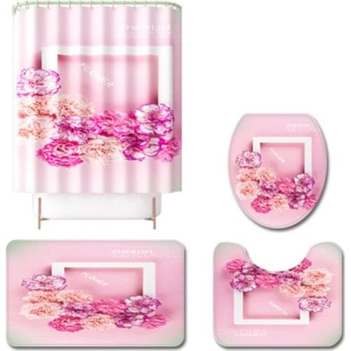 4Pcs/set Bathroom Mat Set Anti-slip Flower Pattern Shower Curain Coral Fleece Floor Mat Washable Bathroom Rug
