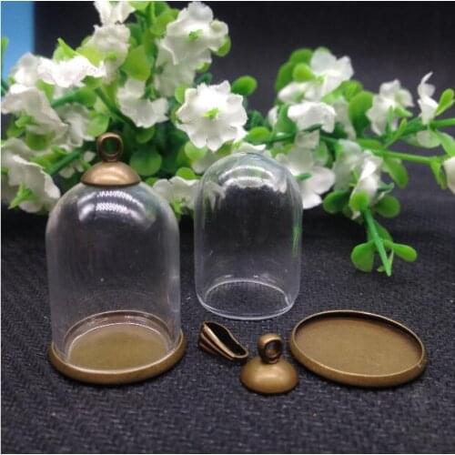 Wholesale 50set/lot 25*18mm Glass Bubble vial pendants glass dome with bronze plated base with top cap set DIY glass bubble