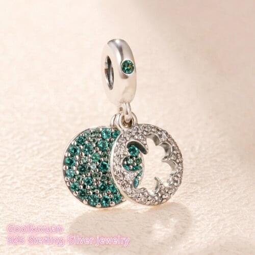 Spring Original 100% 925 Sterling Silver Dazzling Clover Dangle Charm Green Crystal beads Fits Brand bracelets Jewelry