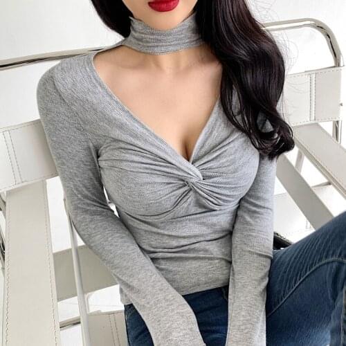 Sexy Halter Neck Women T-shirt Elegant Deep V Long Sleeve Slim Stretch Tops Ladies Chic Tees