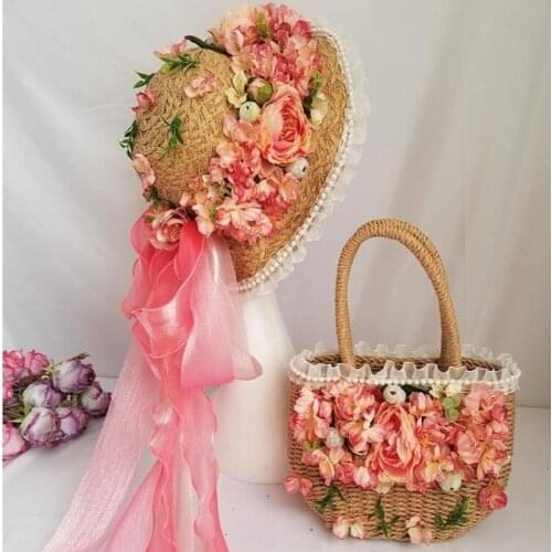 Cherry Flowers Deign Straw Handbag for Women Summer Beach Travel Totes Pink Handmade Flower Woven Bag with Ribbon Sun Hat