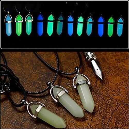 Luminous Hexagonal Crystal Dark Stone Fluorescent Column Necklace Natural Glowing In Dark Bullet Stone Pendant Leather Necklace