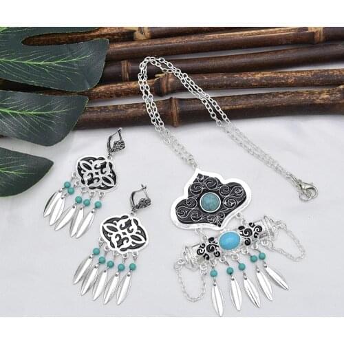 Turkish Jewelry Red Blue Stone Necklace Earring Sets for Women Boho Vintage Geometric Necklace Tribal Gypsy Party Jewelry Set