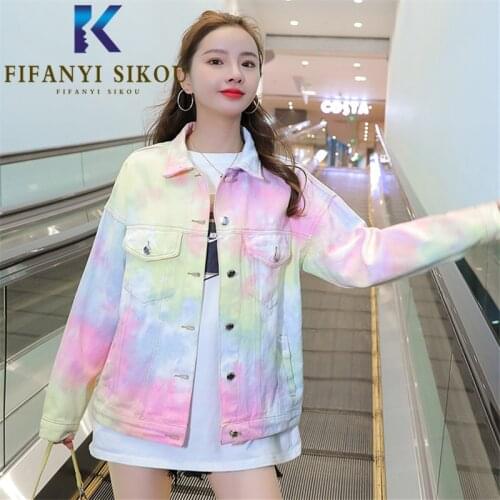 Tie dye Denim Jacket Women Streetwear Fashion Pocket Lapel Long Sleeve Jeans Jacket Female Loose Harajuku Jackets Jeans Coat