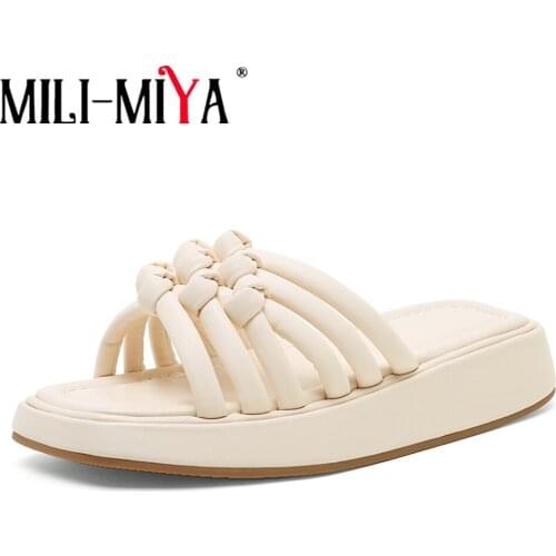 MILI-MIYA Fashion Narrow Band Flat Platform Chunky Heels Slippers Square Peep Toe PU Women Sandals 2021 New Summer Woven Shoes
