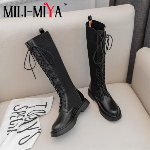 Brand New Fashion Women Knee-High Boots Cow Leather Slip On Square Heels famous Winter Ladies Shoes Size 34-40 Motorcycle Boots
