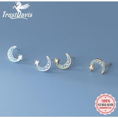 Trustdavis Real 925 Sterling Silver Sweet Moon Star Shiny CZ Stud Earrings For Fashion Women Wedding Party Fine Jewelry DA2424
