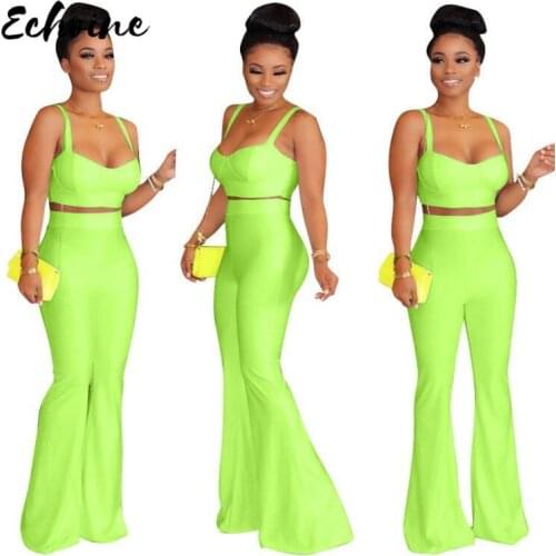 Echoine Women Sexy Solid Spaghetti Straps Two Piece Set VNeck Crop Top High Waist Flare Pants Tracksuit Night Club Casual Outfit