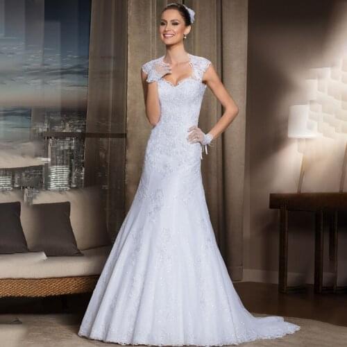 Sweetheart Cap Sleeves Dropped Waistline Sheath White Lace Wedding Dress Cutout O-back Sexy Bridal Gowns vestidos novia