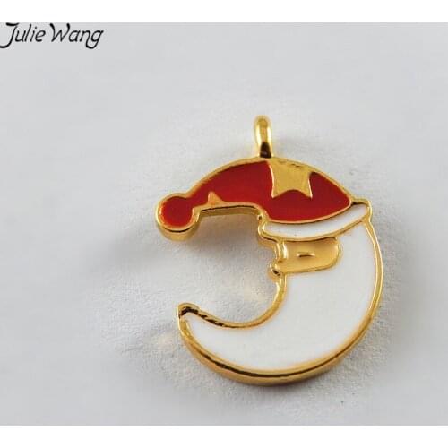 Julie Wang 10PCS Wholesale Moon Cresent Santa Claus in Red Hat Shape Cute Pendant Charms DIY Christmas Jewelry Gift Findings