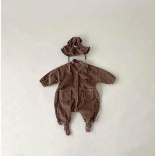 2021 Japanese and Korean autumn baby corduroy casual one-piece long-sleeved bib with open lining button