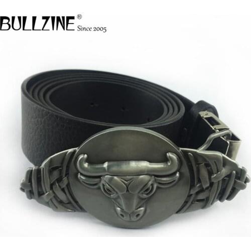 Bullzine zinc alloy retro western bull head belt buckle jeans gift buckle pewter finish free PU belt FP-03443 drop shipping
