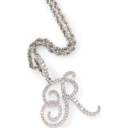 Gold Color Cursive initial Letter Pendant Necklaces Charm Men Women Fashion Hip Hop Rock Cooper Zircon Jewelry with Rope Chain