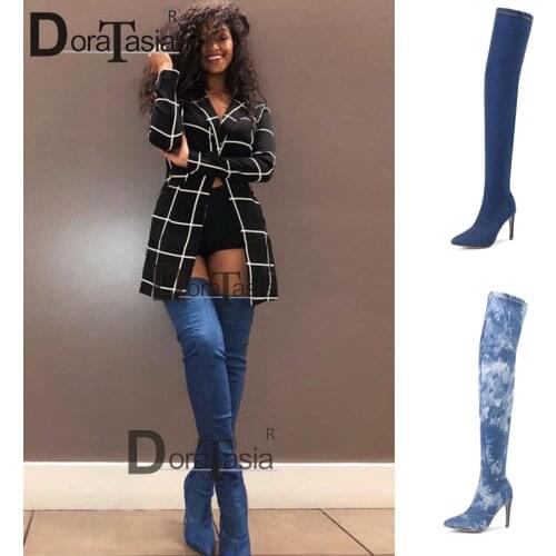 DORATASIA New Lady Classic Sexy Autumn Thigh High Boots High Heels Denim Over The Knee Boots Women 2020 Pointed Toe Shoes Woman