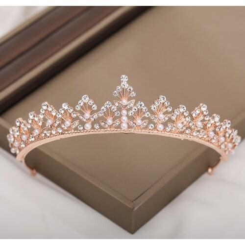FORSEVEN Rose Gold Color Shining Crystal Pearls Tiaras and Crowns Diadem Bride Noiva Bridal Wedding Veil Decorative Jewelry